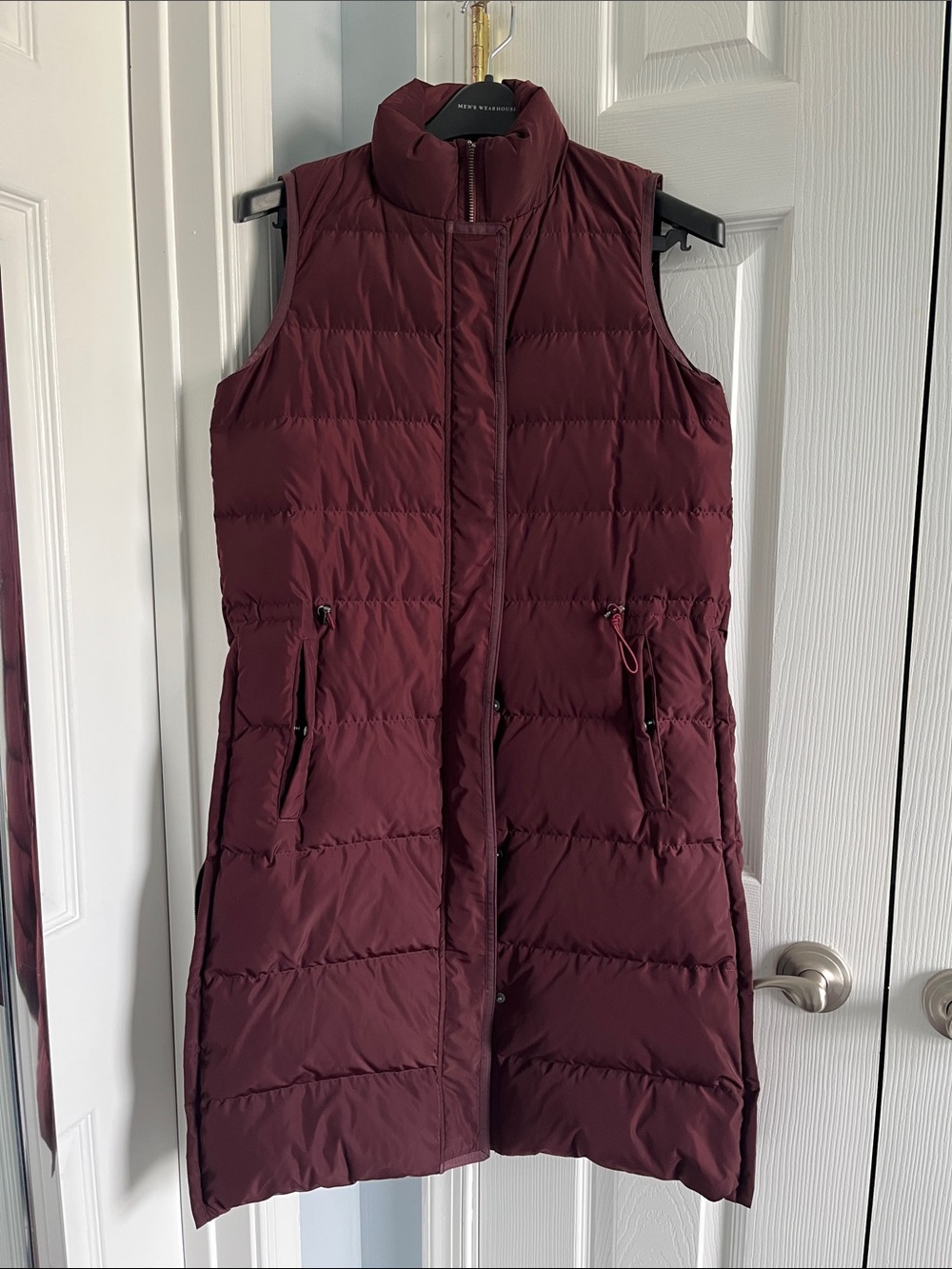 Theory burgundy long puffer vest